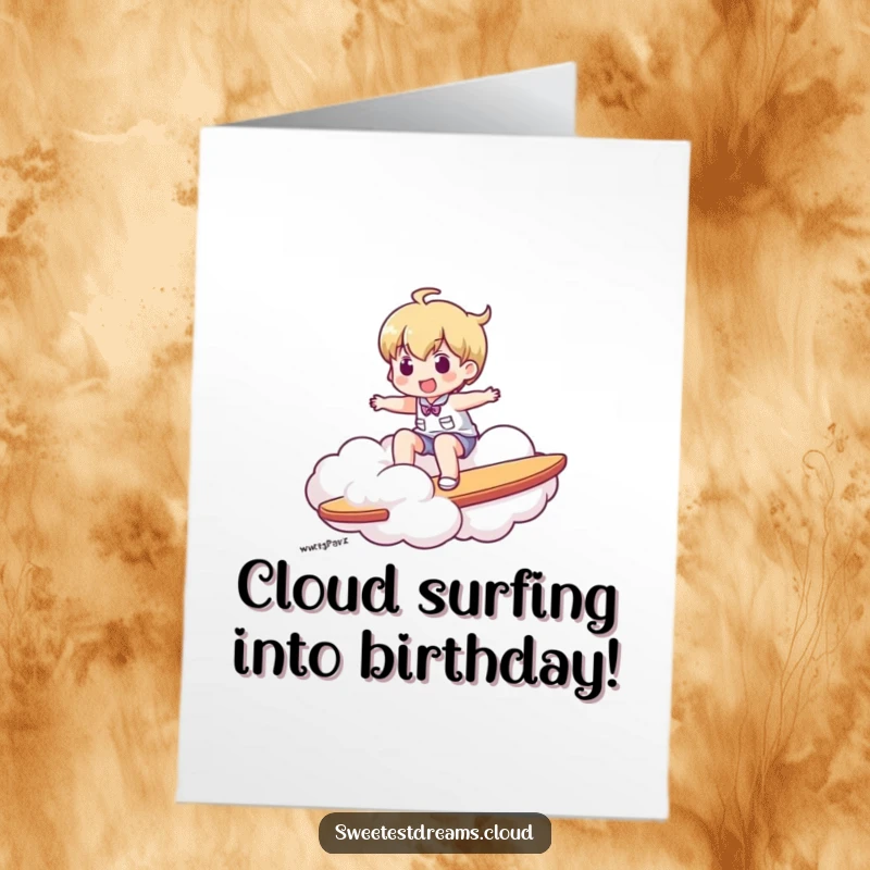 Funny free printable birthday card showing a joyful character confidently riding a fluffy cloud like a surfboard across the sky.