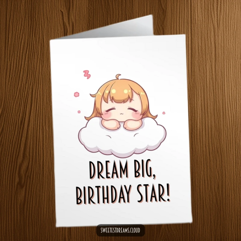 Free Printable Birthday Card: Kawaii character with closed eyes, peacefully napping on a fluffy white cloud under a starry sky.
