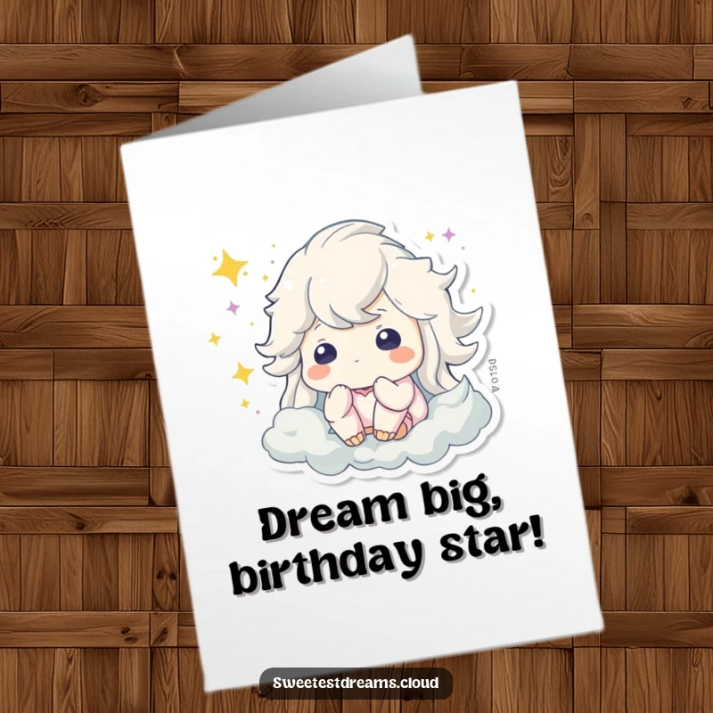 Funny free printable birthday card showing a peaceful character with sparkling dust swirling around its head, lost in sweet dreams.
