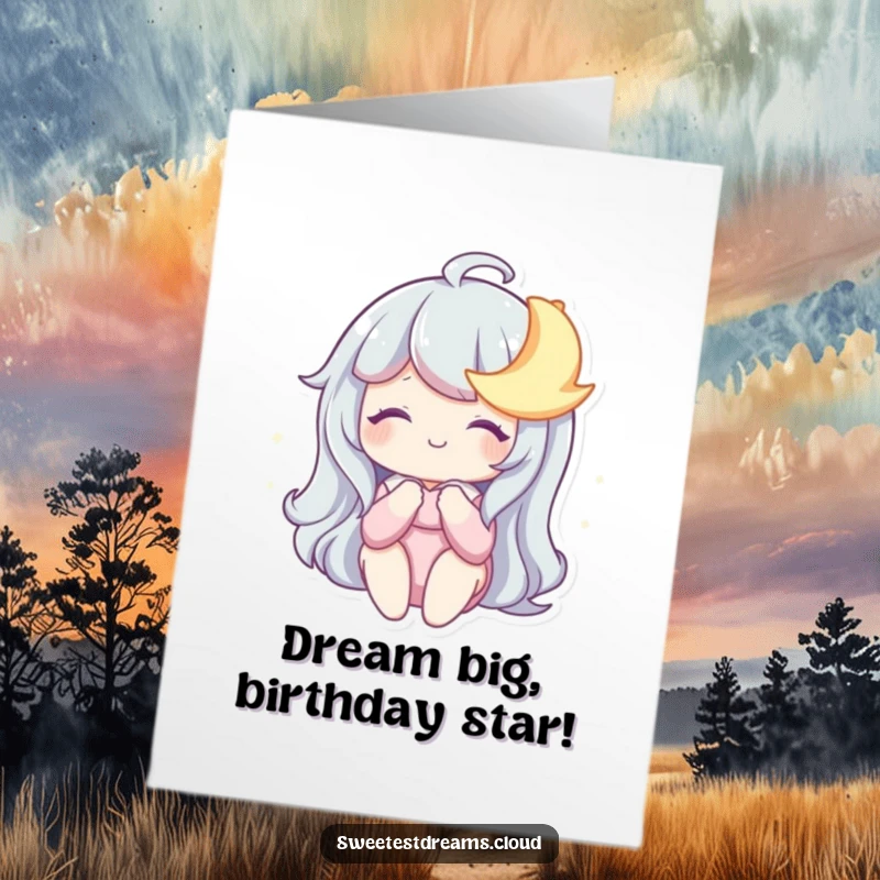 Funny Free Printable Birthday Card: Character shares a gentle, dreamy smile with a sleepy, crescent moon.