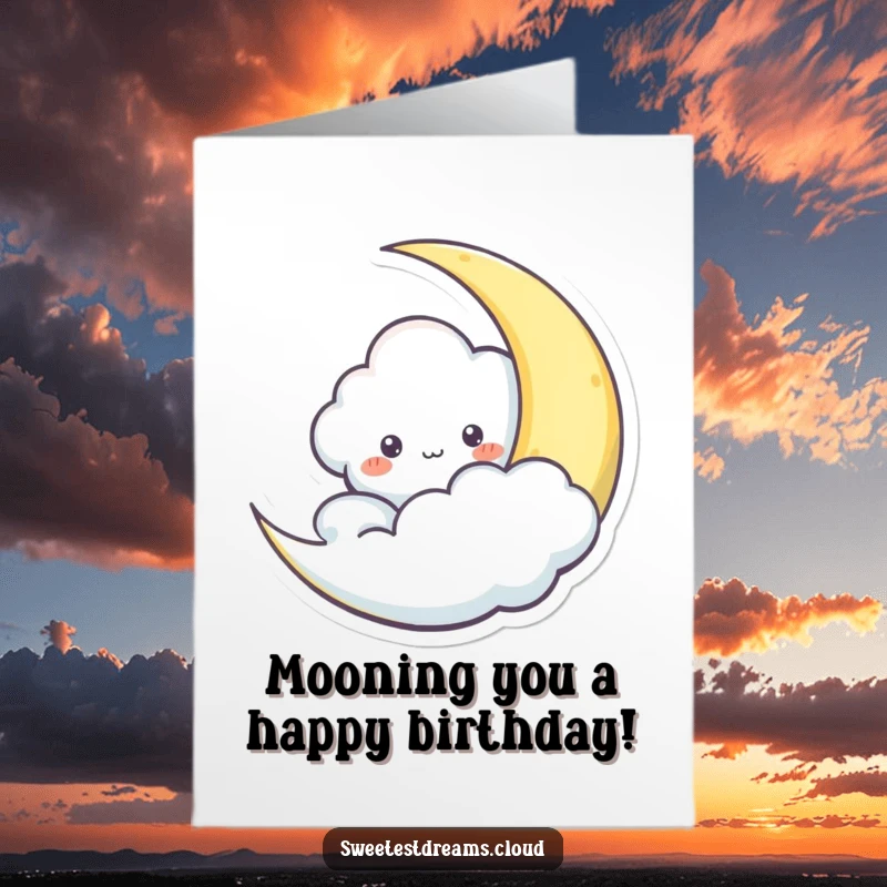 Funny Free Printable Birthday Card: A cute cloud peeks mischievously from behind a glowing crescent moon, hinting at fun.