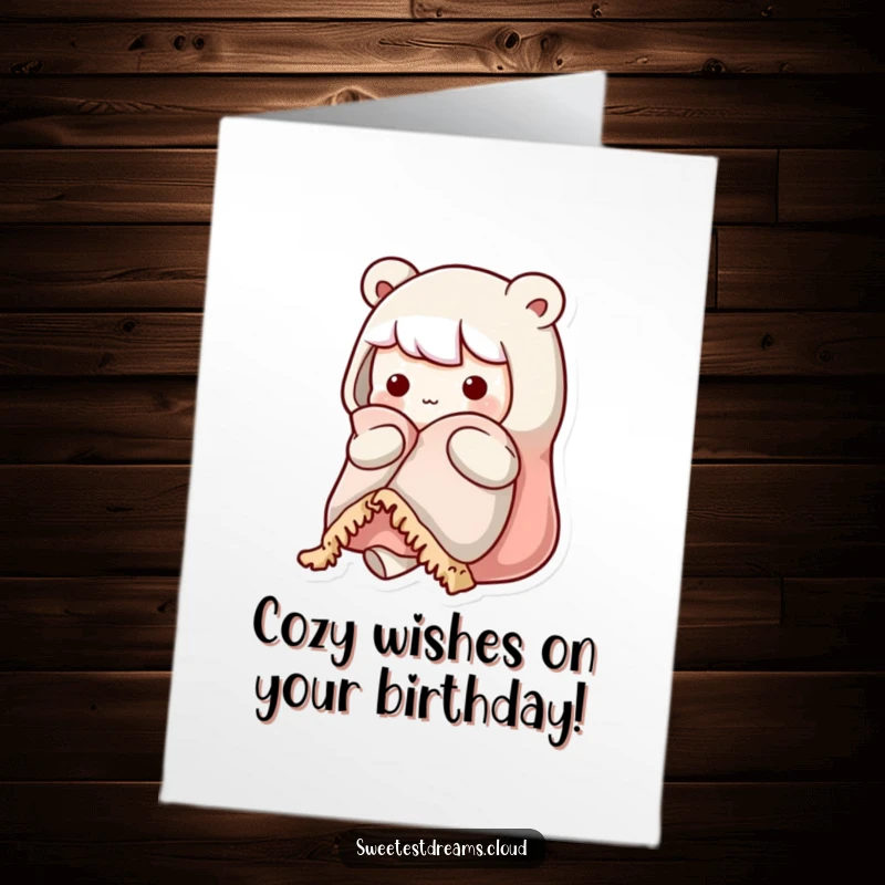 Funny Free Printable Birthday Card: A kawaii character wrapped snugly in a warm blanket, looking incredibly cozy.