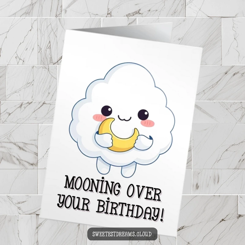 Funny Free Printable Birthday Card: Adorable cloud character playfully holding a glowing crescent moon like a favorite toy.