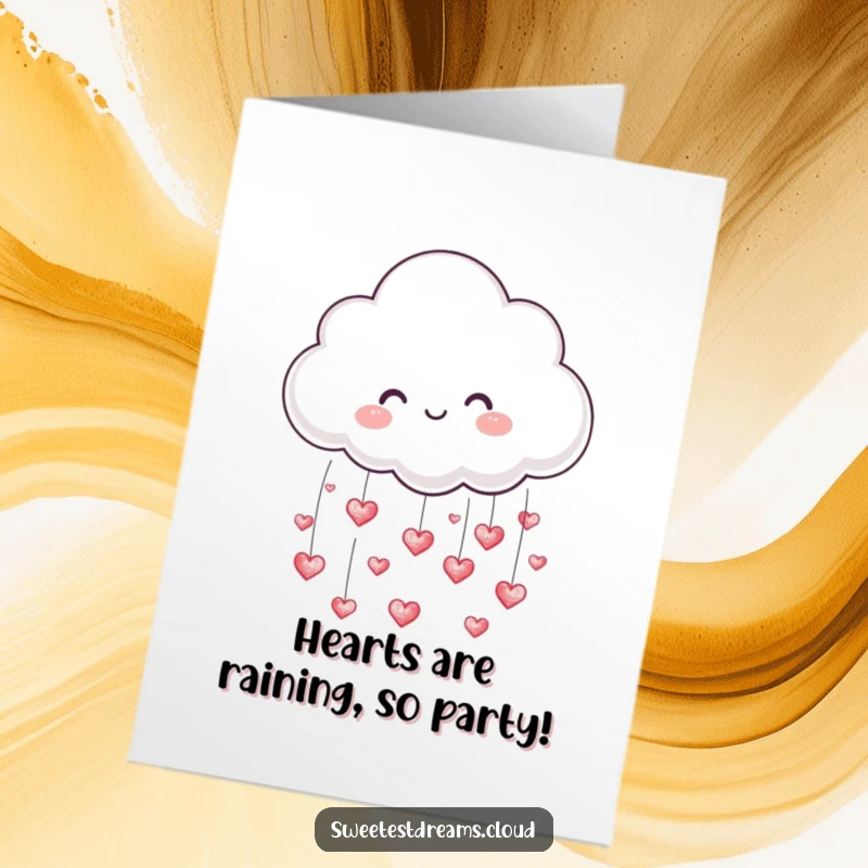 Funny Free Printable Birthday Card: Cloud character showering love with tiny, shimmering hearts, a delightful DIY gift.