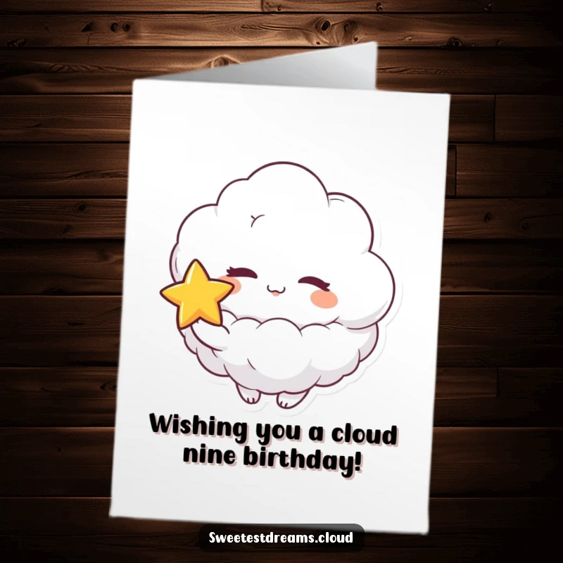 Funny Free Printable Birthday Card: A winking cloud character holding a sparkling star, wishing happy birthday.