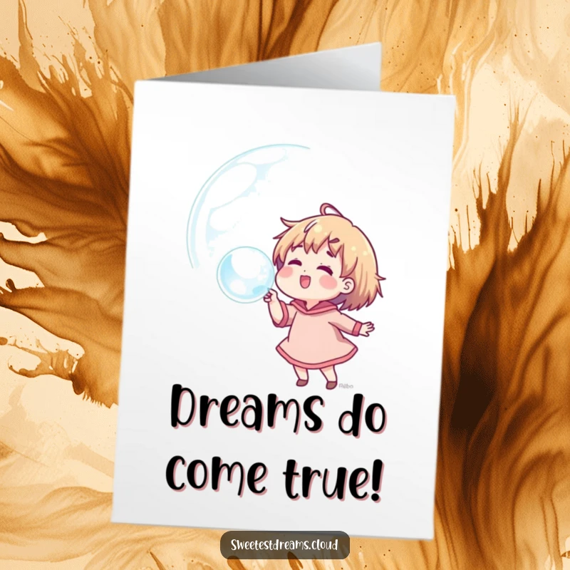 Funny Free Printable Birthday Card: A character joyfully blows a huge bubble reflecting dreams and laughter, a perfect downloadable gift.