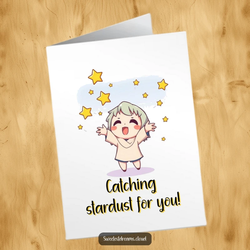 Funny free printable birthday card showing a quirky character gleefully catching falling stars with open hands, ready for a cosmic celebration.