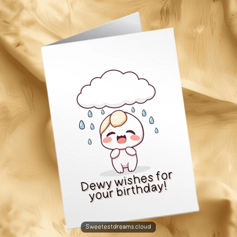 Funny Free Printable Birthday Card: A kawaii character is captured mid-giggle as sparkling dewdrops fall from a cloud.