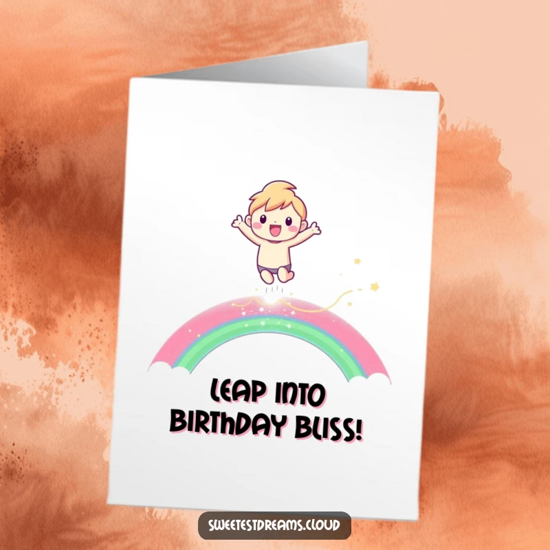 Funny Free Printable Birthday Card: Character leaping joyfully over a shimmering rainbow, a vibrant and downloadable greeting.