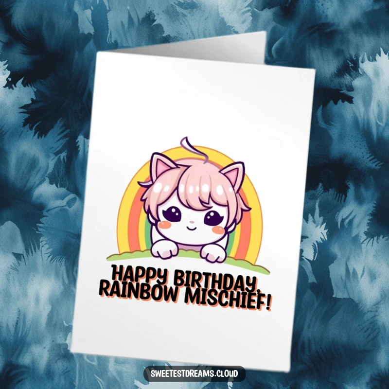 Funny Free Printable Birthday Card: A cheeky character peeks from behind a vibrant rainbow with a mischievous grin, a fun downloadable gift.