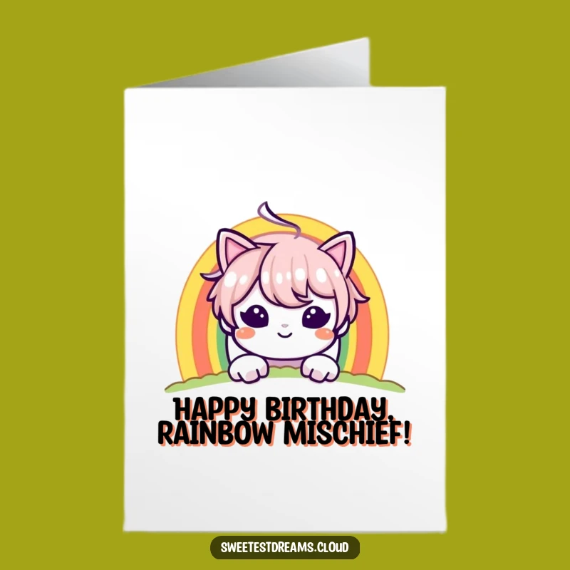 Free Printable Birthday Card: Mischievous Rainbow Character - Downloadable Funny Gift