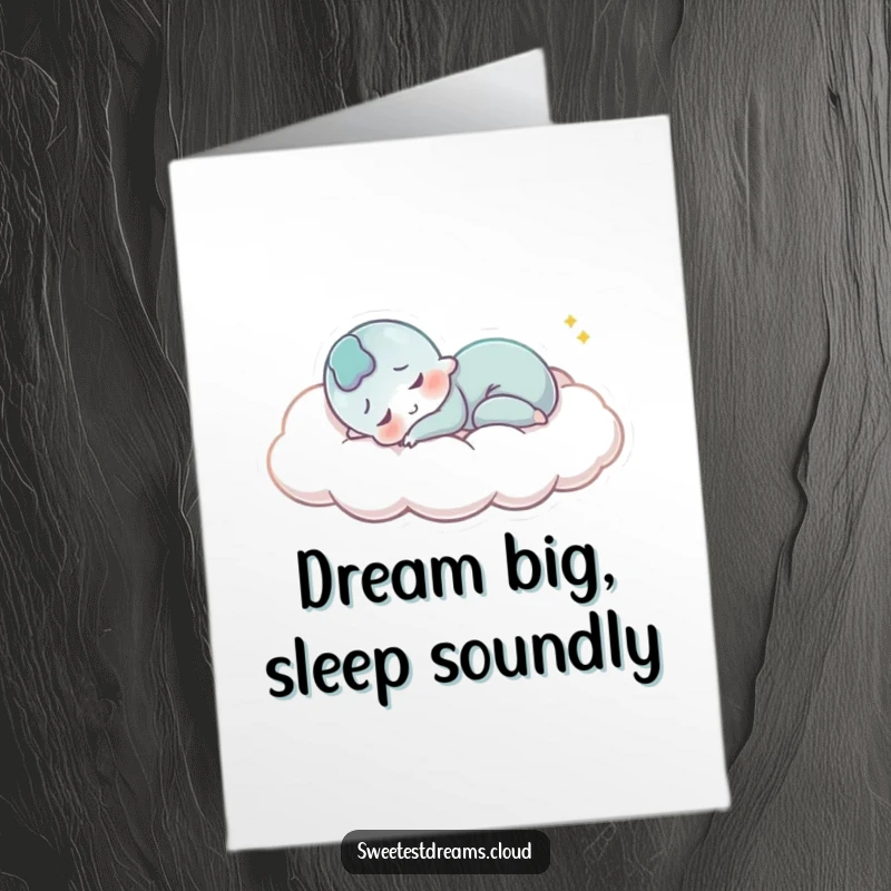 Funny Free Printable Birthday Card: Character sleeping peacefully on a cloud, smiling serenely. A cute downloadable.