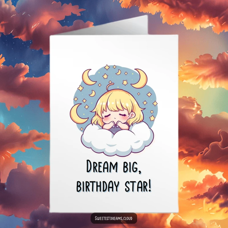 Funny Free Printable Birthday Card featuring a whimsical character lost in starry, moonlit dreams, perfect for a magical wish.