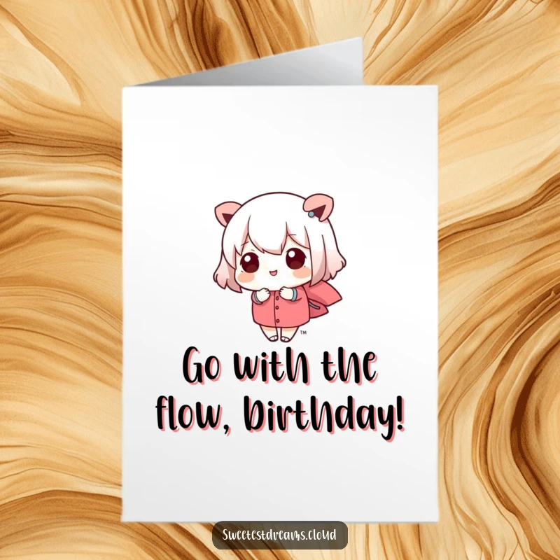 Funny Free Printable Birthday Card featuring a happy kawaii character blissfully floating on a soft, gentle breeze.
