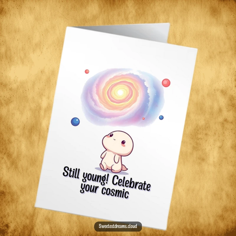 Funny Free Printable Birthday Card featuring a kawaii character gazing at a whimsical, colorful swirling nebula with wide-eyed wonder.