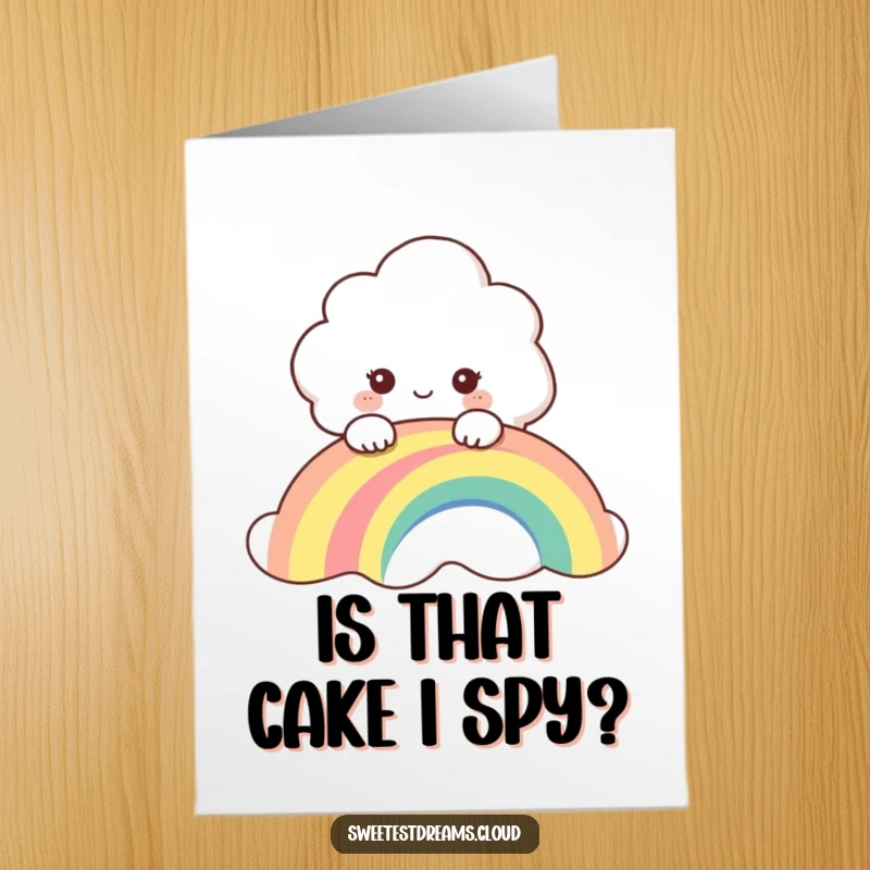 Funny Free Printable Birthday Card: Cute cloud peeking curiously over a vibrant rainbow, ready for a birthday celebration.