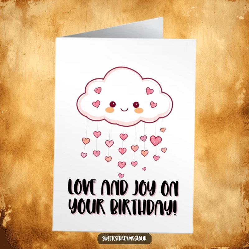 Funny Free Printable Birthday Card with a cheerful cloud raining down tiny, shimmering hearts, spreading love and joy.