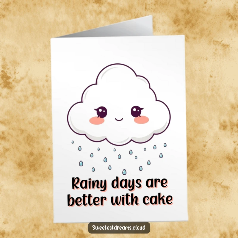 Funny Free Printable Birthday Card: A cloud character happily rains tiny sparkling drops, wishing a happy birthday.