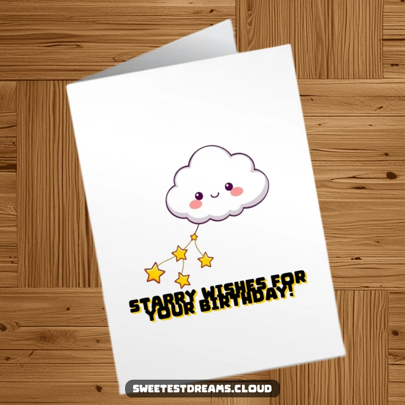 Funny Free Printable Birthday Card: A happy cloud character being joyfully pulled by a string of twinkling stars.