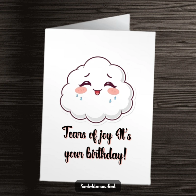 Funny Free Printable Birthday Card: A cloud character joyfully giggles, shedding small, sparkling teardrops.