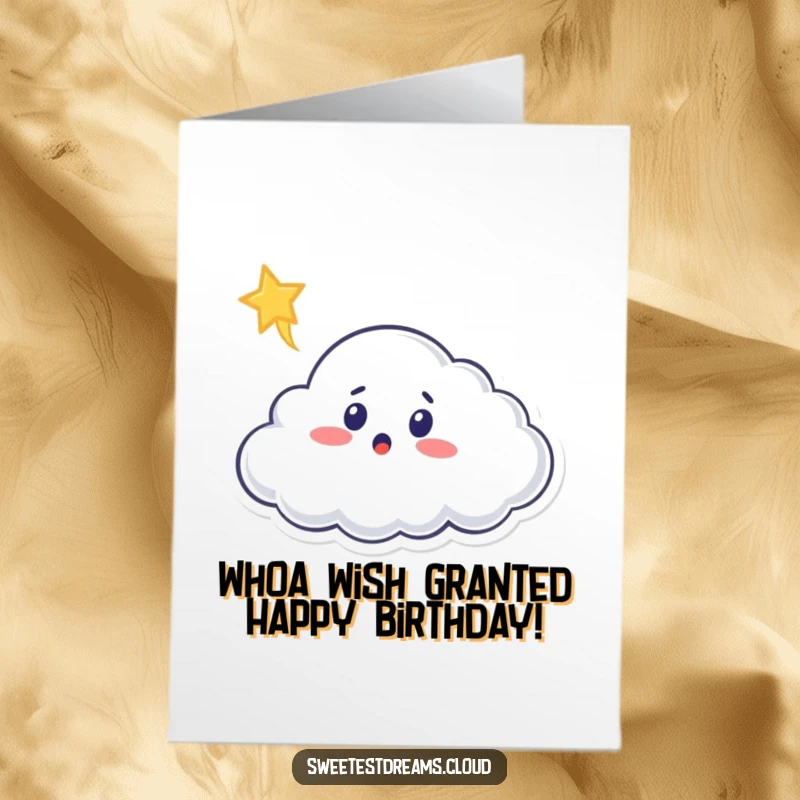 Funny Free Printable Birthday Card: A cloud character with a shocked face gazes at a shooting star across the sky.
