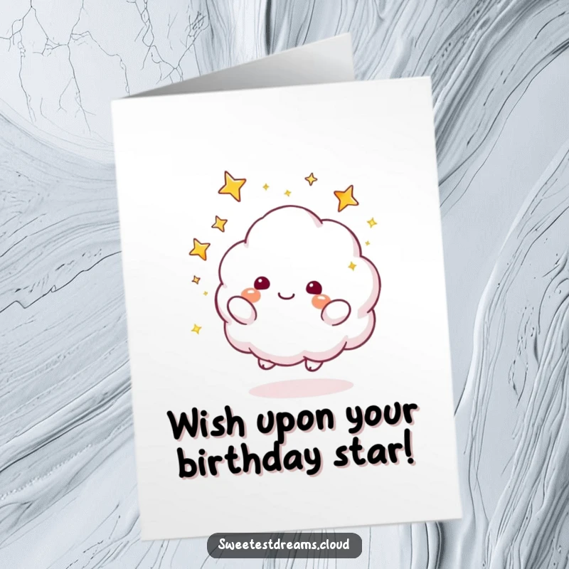 Funny Free Printable Birthday Card: A fluffy cloud character playfully tosses sparkly stars, celebrating a birthday.