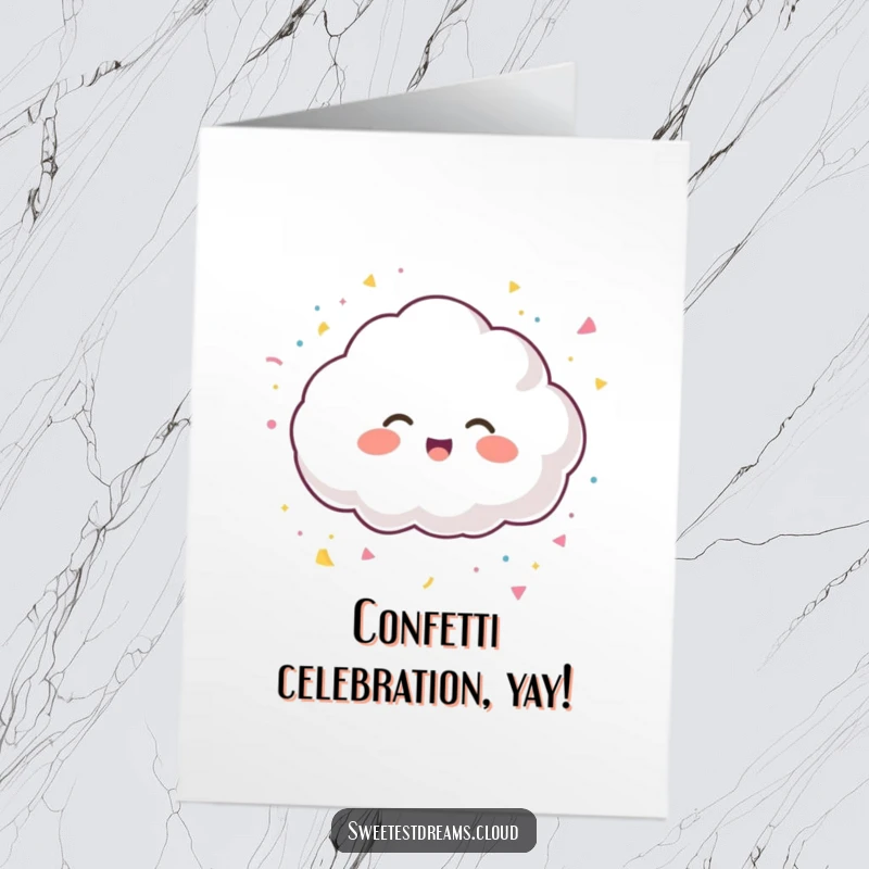 Funny Free Printable Congratulations Card: A happy cloud character giggles and showers confetti, celebrating a wonderful achievement.