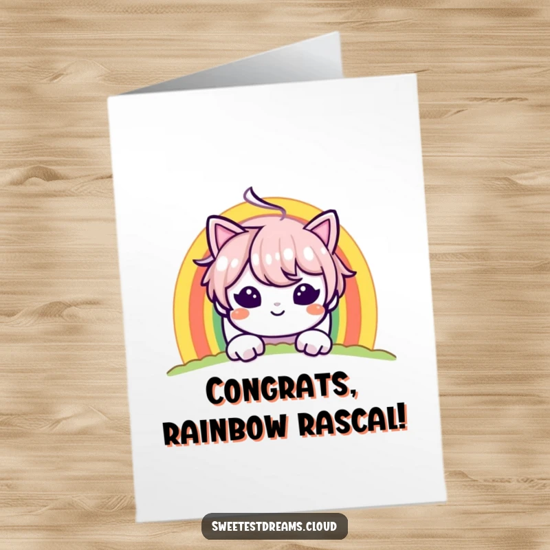 Funny Free Printable Congratulations Card: Character peeks mischievously from behind a rainbow, celebrating success with a cheeky and humorous downloadable gift.