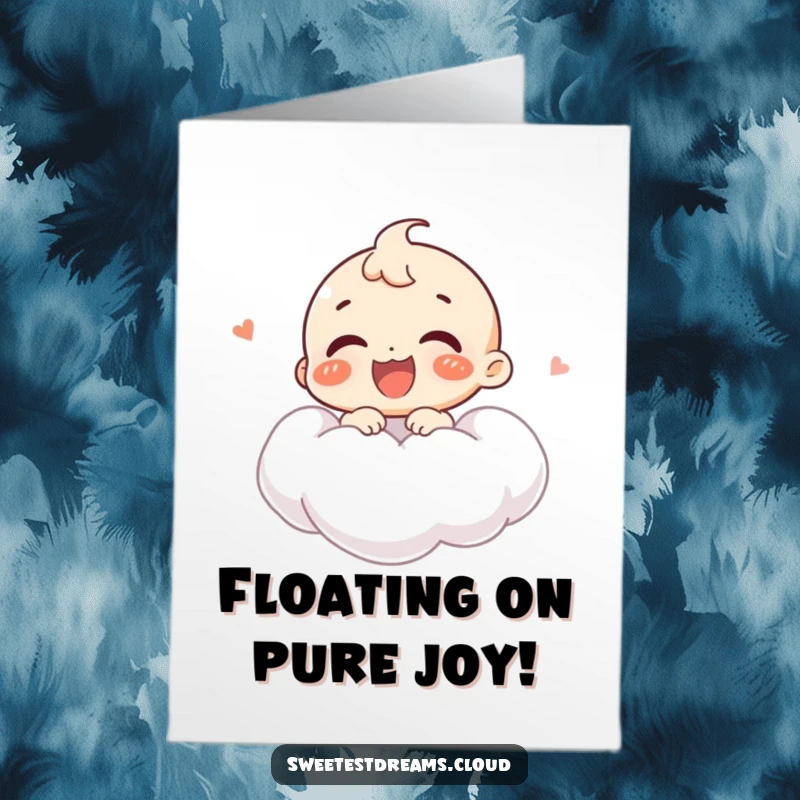 Funny Free Printable Congratulations Card: A joyful character giggles with delight while floating on a soft cloud.