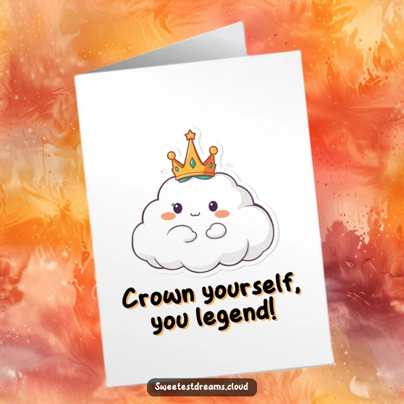 Funny Free Printable congratulations card featuring a cloud character adorned with a tiny crown, floating serenely on soft mist.