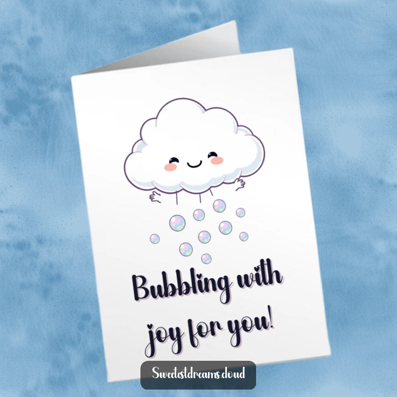 Funny Free Printable Congrats Card: A happy cloud character catches a cascade of colorful, iridescent bubbles.