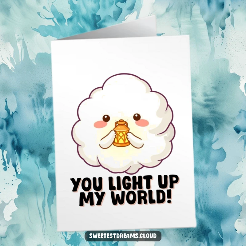 Funny Free Printable Congratulations Card: Cloud creature holding a tiny lantern, radiating wonder, a special note.