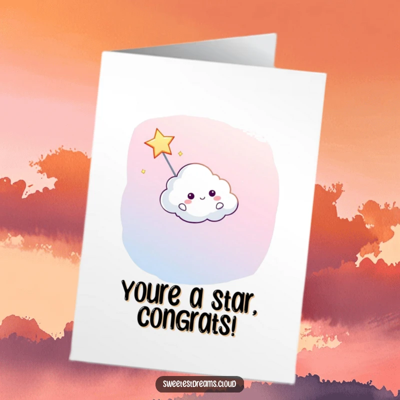 Funny Free Printable Congrats Card: A joyful cloud character pilots a shooting star, celebrating a new success.
