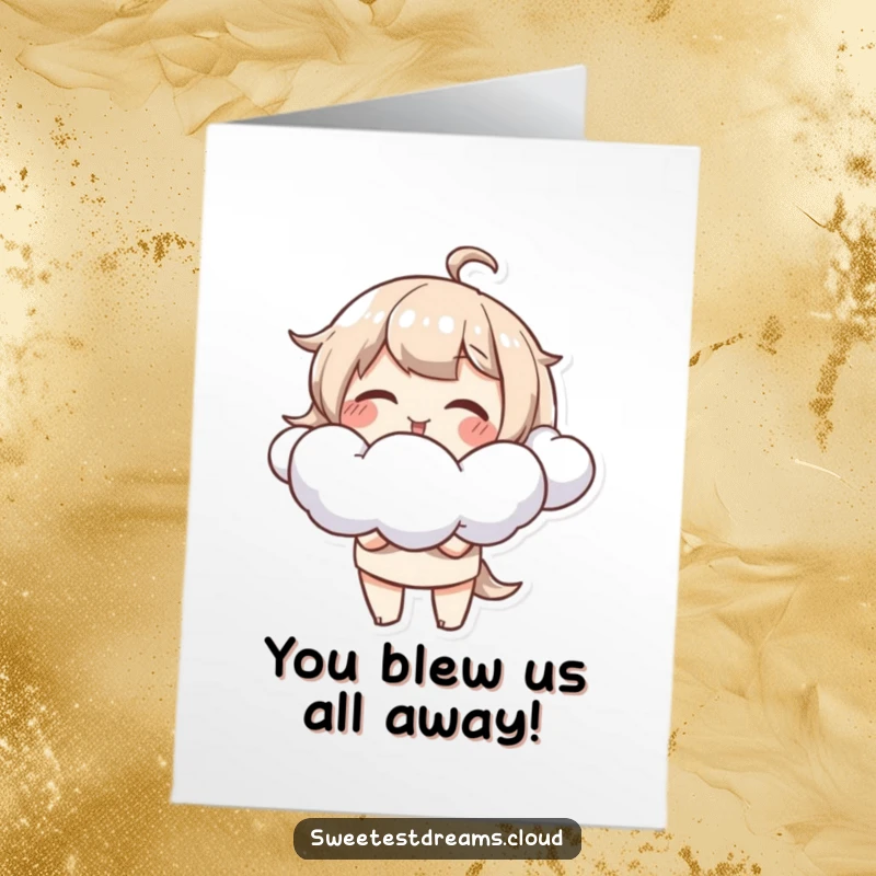 Funny Free Printable Congrats Card: Giggling character blowing fluffy cloud shapes, a delightful downloadable for congratulations.