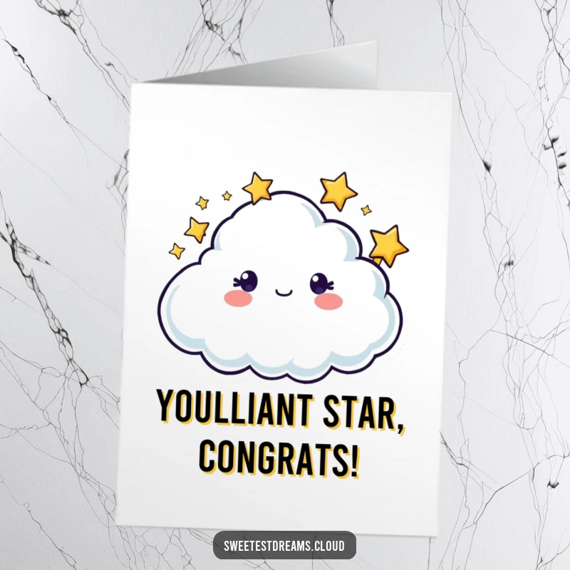 Funny Free Printable Congratulations Card: A joyful cloud character adorned with twinkling stars, celebrating an accomplishment.