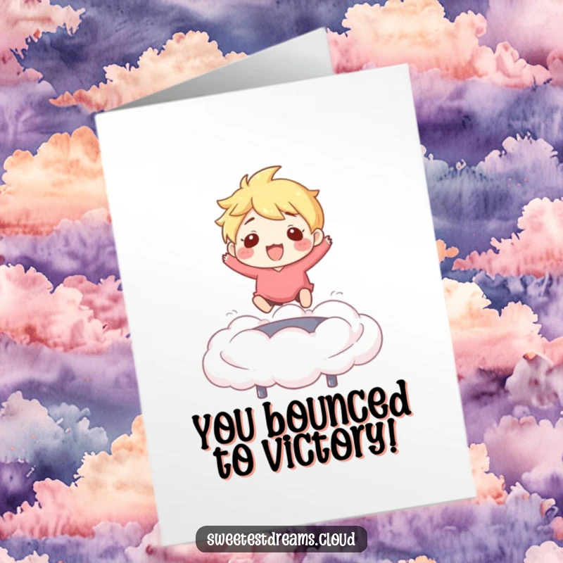 Funny Free Printable Congratulations Card featuring a character gleefully bouncing on a cloud, celebrating a major accomplishment.