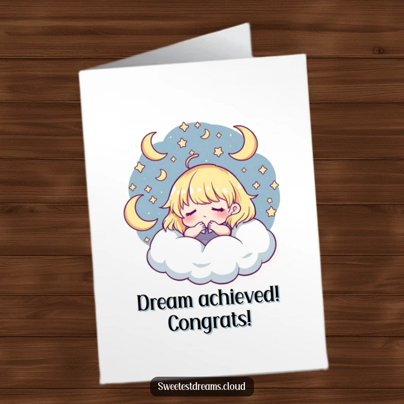 Funny Free Printable Congratulations Card showcasing a character dreaming amidst stars and moons, celebrating a wonderful achievement.