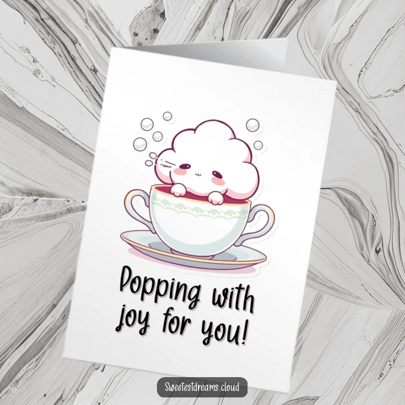 Funny Free Printable congratulations card featuring a happy cloud character emerging from a teacup and blowing gentle bubbles.