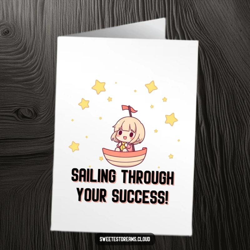 Funny free printable congratulations card showing a character joyfully sailing through a star-filled sky, representing a successful journey.