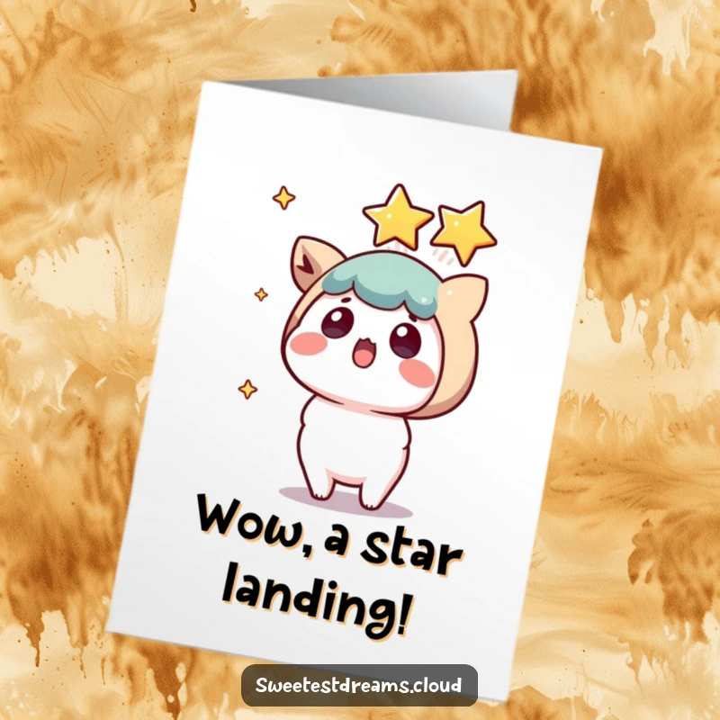 Free Printable Congratulations Card: Kawaii character shows a surprised face as a bright shooting star makes a magical landing.