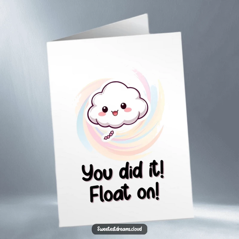 Funny Free Printable Congratulations Card with a smiling cloud character floating playfully in pastel colors. Great for a downloadable gift.