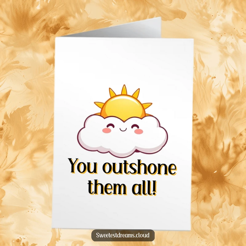 Funny Free Printable Congratulations Card featuring a happy, smiling sun peeking out from behind a whimsical, playful cloud.