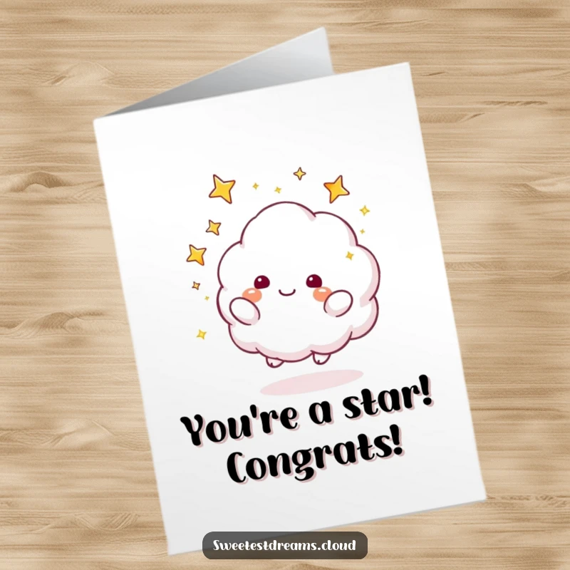 Funny Free Printable Congratulations Card: A fluffy cloud tosses sparkly stars, celebrating an achievement.