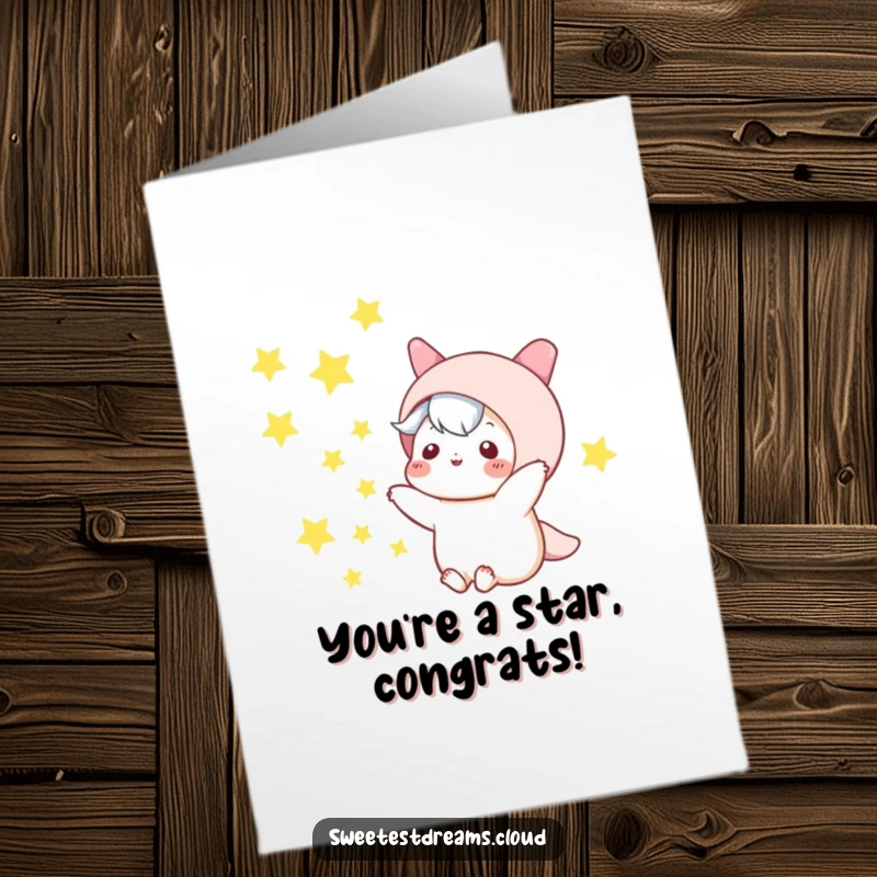 Free Printable Congratulations Card: Kawaii character playfully scattering sparkling stars across the night sky, celebrating success.
