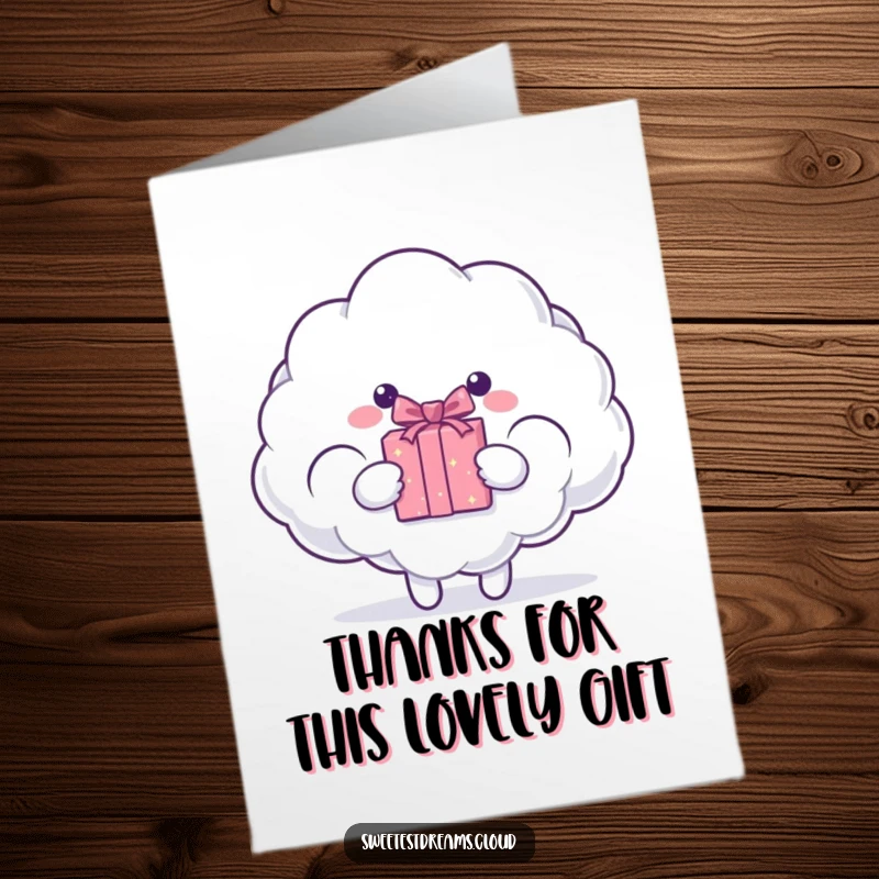 Funny Free Printable Thank You Card with a cloud character presenting a gift box, offering surprise thanks, a charming downloadable greeting.