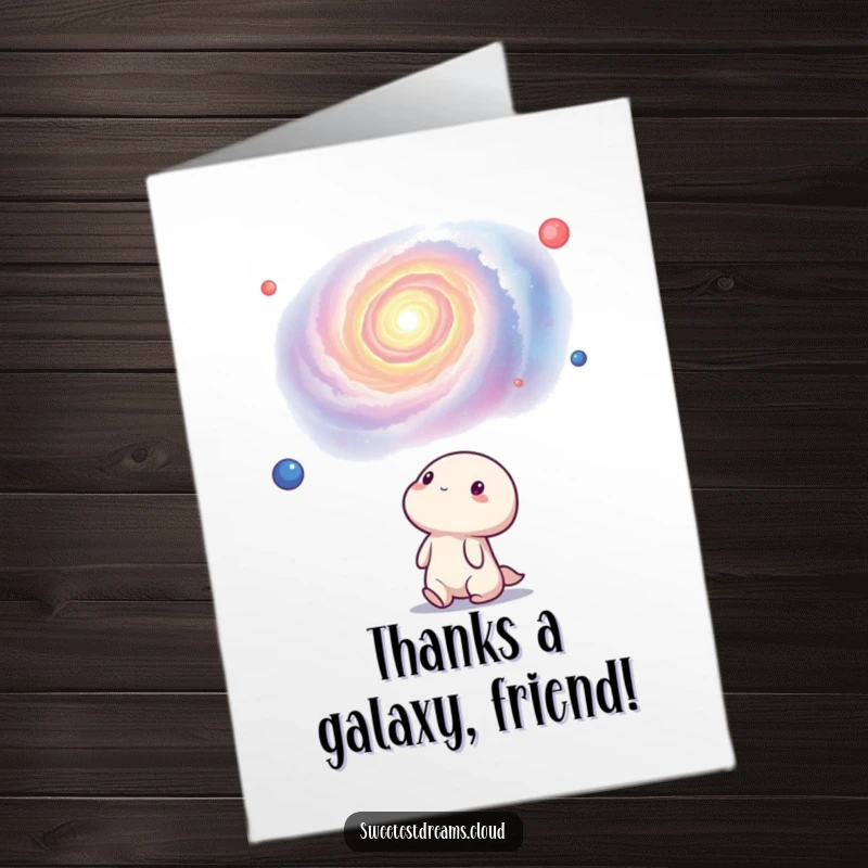 Funny Free Printable Thank You Card with a kawaii character looking up at a beautiful, swirling nebula in appreciation.