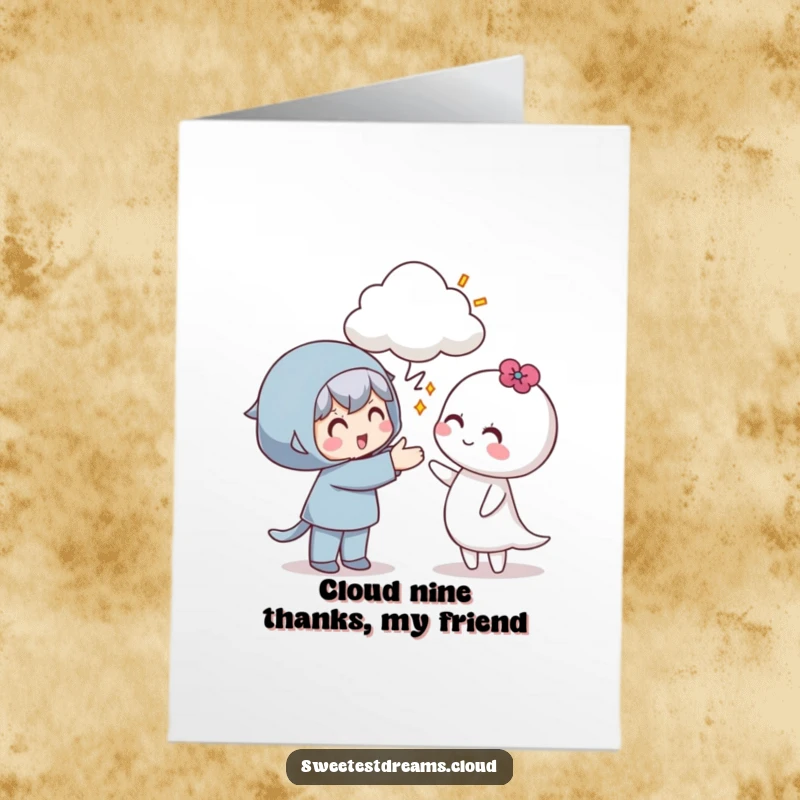 Funny free printable thank you card with a character happily offering a cloud to another, symbolizing a generous act of kindness.