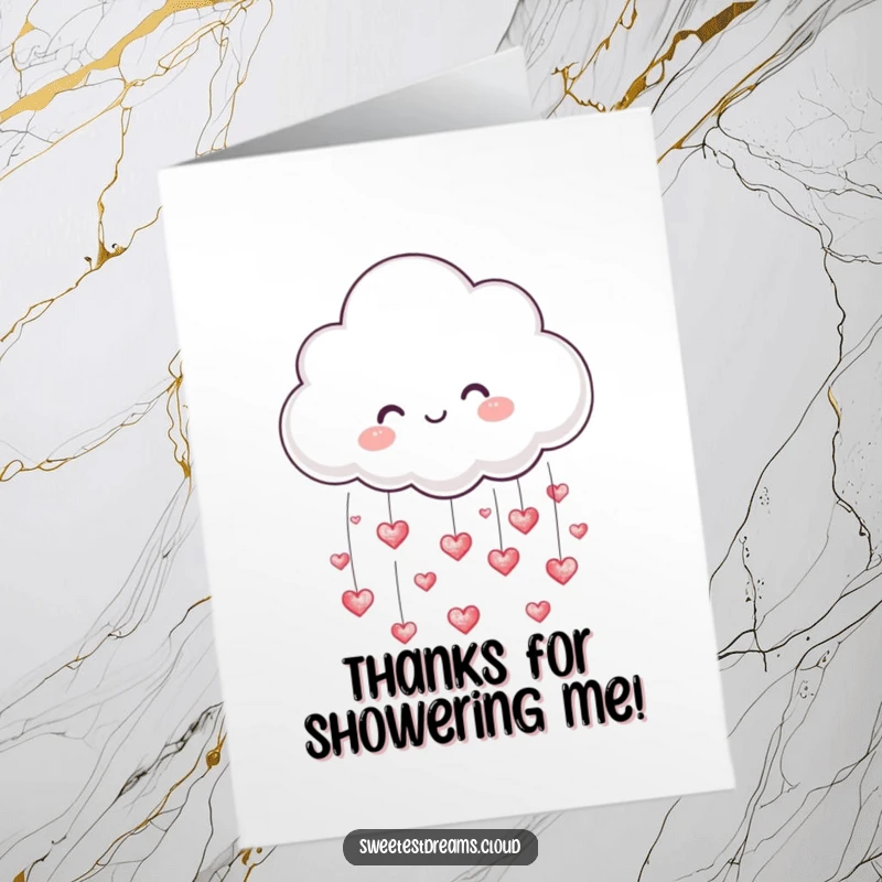 Funny Free Printable Thank You Card: Adorable cloud character showering hearts, a sweet and humorous note.