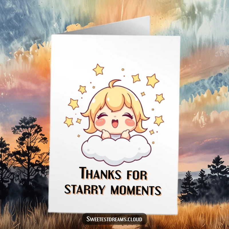Funny Free Printable Thank You Card: Character giggling while chasing shimmering stars around a cloud, sending thanks. Playful downloadable art.