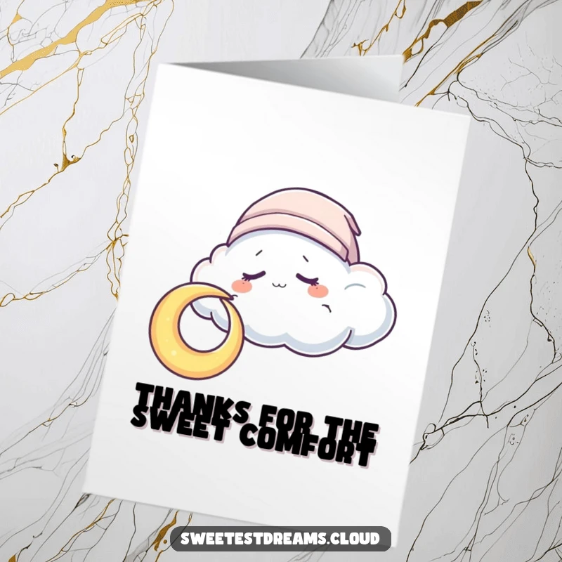 Funny Free Printable Thank You Card: A sleepy cloud nuzzles a crescent moon, offering peaceful thanks.